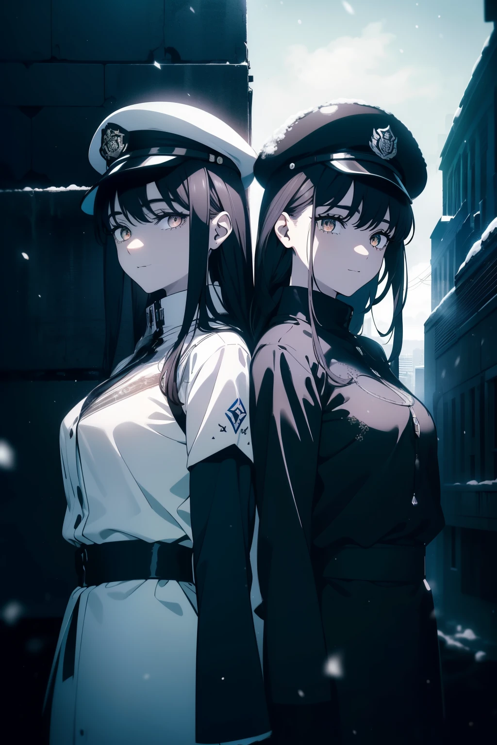 ((Obra maestra, La mejor calidad, ultrahigh resolution)), ((2girls, in foreground, subject focuses)), ((((standing next to each other)))), confidant stances, ((((two police officers, wearing blue police attire, police)))), (wearing beat cop hats), (black, black beat cop hats), ((black hair, dark black hair)), long hair cut, pale skin, ((brown eyes)), glowing_eyes, neon eyes, (ultra detailed eyes:0.7, beautiful and detailed faces, detailed eyes:0.9), ((centered)), smile, ((wide shot)), facing viewer, eye level, ((vibrant background, snowy landscape, cityscape, snowing, snow)), flat chested, looking at viewer, ((half closed eyes)), ((perfect hands)), ((heads:1, armored arms, hips, elbows, in view:1)), (((hands behind back))), empty eyes, beautiful lighting, outside, outdoors, background, defined subject, (25 years old),