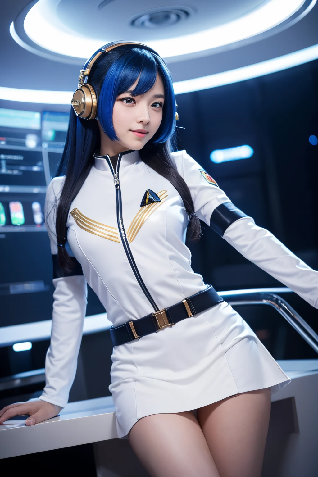 masutepiece, Best Quality, 8K、(Golden Ratio Face、Balanced eyes、Very kind eyelids)、二重まぶた、An innocent face、Young Face、Beautiful nasal muscles、Shy laughter、lipgloss 、Very beautiful girl、Beautiful girl solo like a model、 wearing a starfleet uniform, complete starfleet uniform、clear outfit design、Blue hair、headset on head、skirt by the、panthyhose、android、battleship cockpit,ＳＦThe world of,anime world girl、futuristic background、