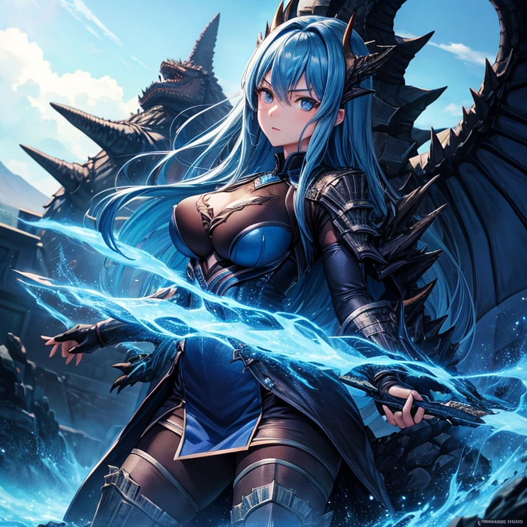 titanus gojira, female, medium breast, long blue haire, blue eyes, godzilla series, Kaiju girl