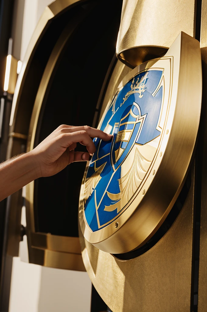 He holds a white and gold shield in his hand