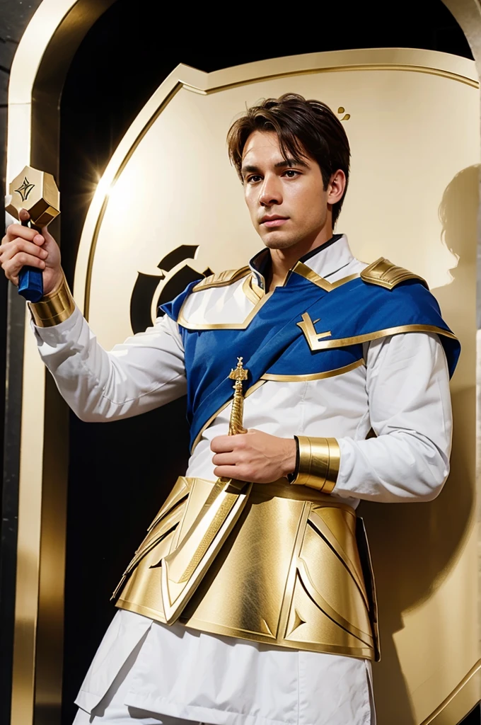 He holds a white and gold shield in his hand