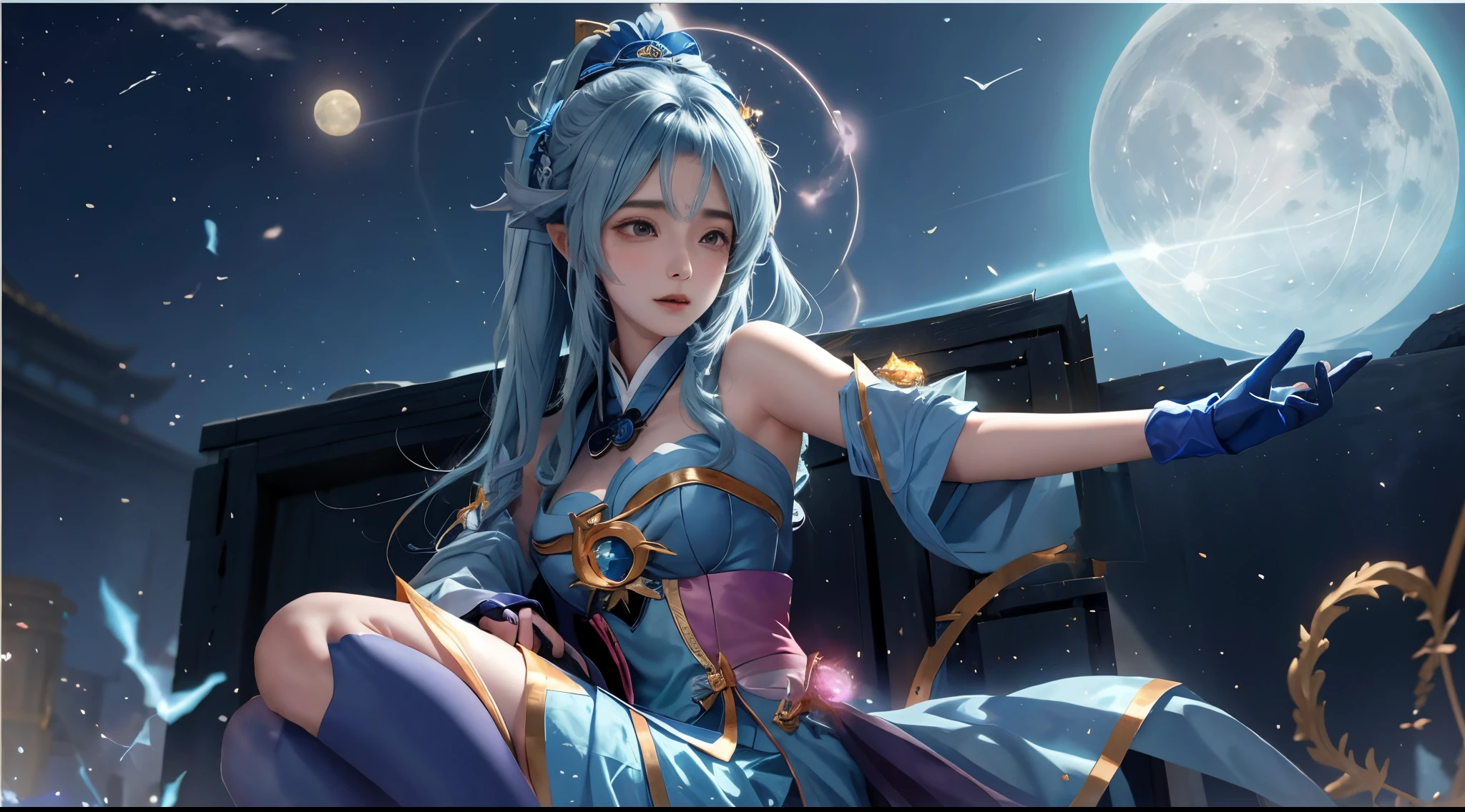 Anime girl holding blue moon in hand, Ayaka Genshin impact, Beautiful celestial mage, 《genshin impact》Ke Qingyu, ayaka game genshin impact, lunar goddess, twelve zodiac knight avatar, muenrias, Genshin impact's character, genshin impact, lunar themed attire, 《genshin impact》Zhongli in Zhongli, Maya Ali as Lightning Wizard,blue hairs,(With black gloves:1.5)