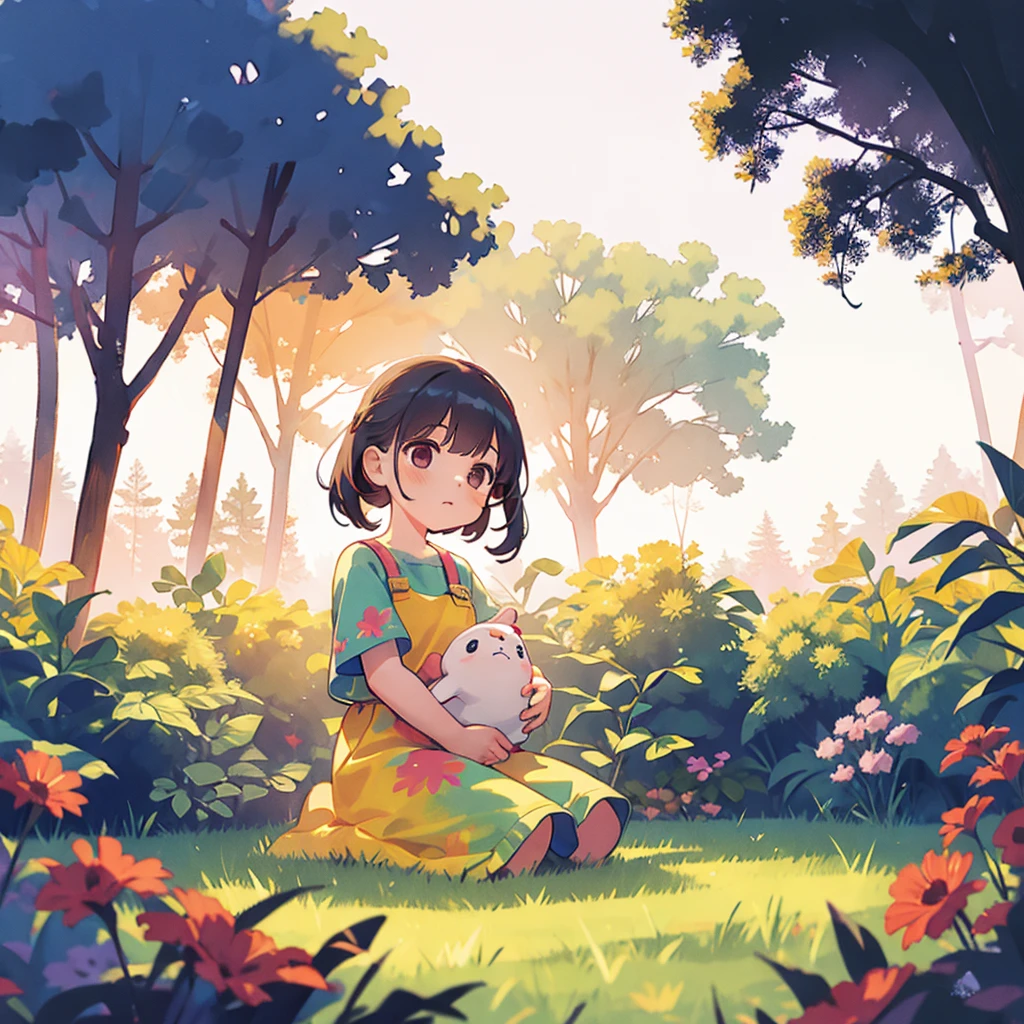Sunset, girl sitting in the middle of the garden,Paint her favorite scenery,surrounded by new friends,