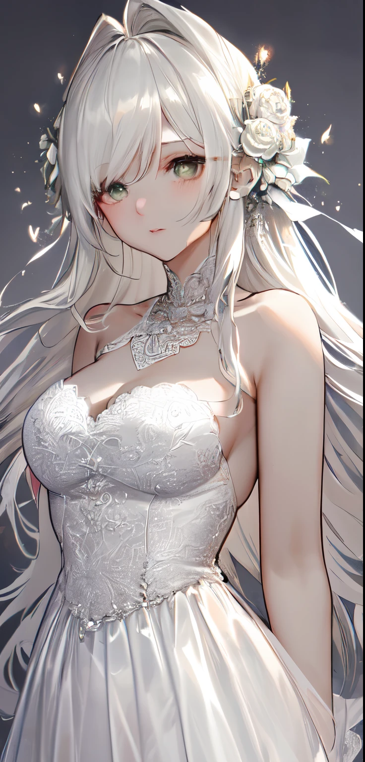 (Best Quality, 8K Wallpaper, Ultra-detailed:1.2), Beautiful silver hair, Complex butterflies, Long flowing white hair, white wedding dress, Detailed background, Deep V Neckline, Hair covering one eye, Bandeau Wedding Dress, chies, white roses, tight fitted, Vibrant colors