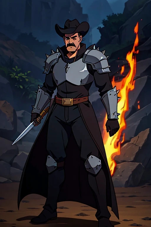 Male, spiky black hair, knights armor, mustache, dad body, fire sword, full body, high resolution, 4k, properly drawn face, cowboy hat.