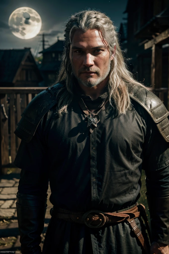 Portrait of actor Travis Fimmel as Geralt of Rivia at night, his face is illuminated by the full moon, he has a beard, model shooting style (extremely detailed CG unity 8k), full frame photography of the most beautiful work of art in the world, medieval witcher armor, professional majestic painting by Greg Rutkowski, trending on ArtStation, trending on CGSociety, intricate, highly detailed, clear focus, dramatic, photorealistic painting by Midjourney