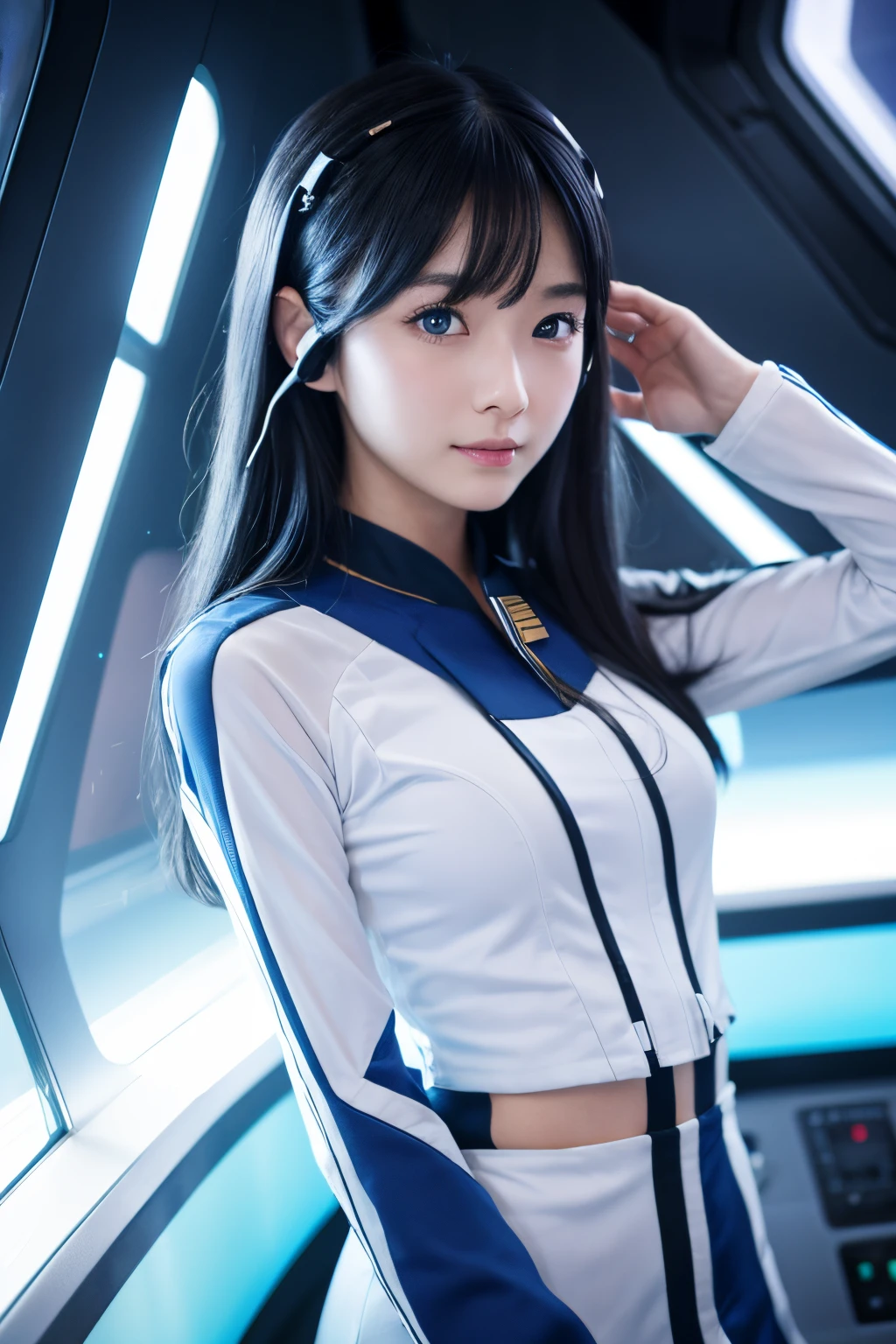masutepiece, Best Quality, 8K、(Golden Ratio Face、Balanced eyes、Very kind eyes、Blue Eyes)、二重まぶた、An innocent face、Young Face、Beautiful nasal muscles、Shy laughter、lipgloss 、Very beautiful girl、Beautiful girl solo like a model、 wearing a starfleet uniform, complete starfleet uniform、clear outfit design、Blue hair、headset on head、skirt by the、panthyhose、battleship cockpit,ＳＦThe world of,anime world girl、futuristic background、