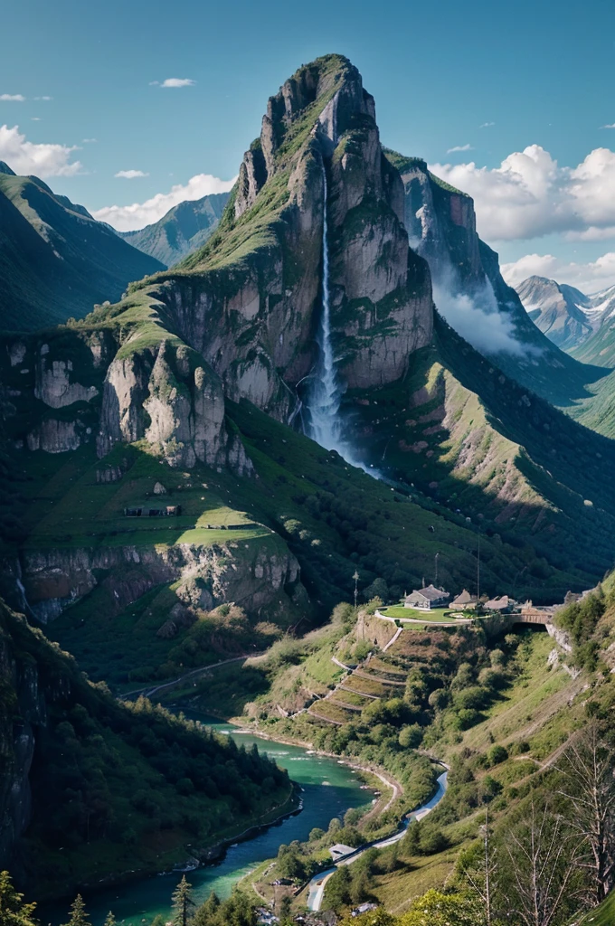 painting of a waterfall in a mountainous area with a house on the top, vertical wallpaper, 4 k vertical wallpaper, 4k vertical wallpaper, 8 k vertical wallpaper, 8k vertical wallpaper, ross tran. scenic background, beautiful mattepainting, 4 k matte painting, detailed scenery —width 672, beautiful iphone wallpaper, avatar landscape, inspired by Raphael Lacoste