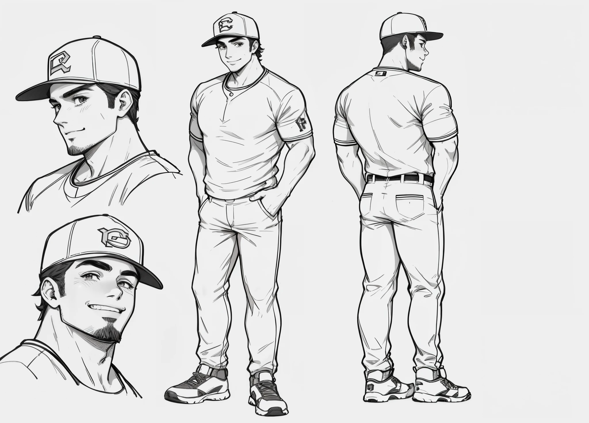 a drawing of a man wearing a baseball cap and a baseball uniform, male character design, cuerpo intermedio, gordo, delgado, sonriente, feliz, con un chaleco, cuerpo completo,