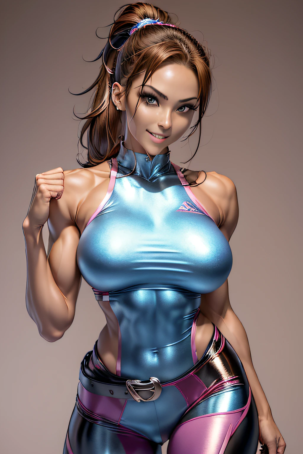 Arafe woman solo with ponytail hair、Fighting Game Fighter、Fitness Model、Wearing metallic pink battle uniform、slim and long legitimate body shape、(Sharp Focus:1.5), Photo, attractive young woman, (Beautiful face:1.1), Detailed eyes, luscious lips, (smokey eye makeup:0.85), (large full breasts:1.5), (athletic bodies:1.5), Five-fingered、two-armed、nippless、half-pants、White belt、Pose ready to fight、Mischievous smile