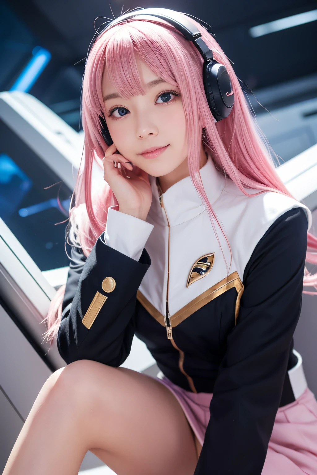 masutepiece, Best Quality, 8K、(Golden Ratio Face、Balanced eyes、Very kind eyes、Pink eyes)、二重まぶた、An innocent face、Young Face、Beautiful nasal muscles、Shy laughter、lipgloss 、Very beautiful girl、Beautiful girl solo like a model、 wearing a starfleet uniform, complete starfleet uniform、clear outfit design、 silky pink hair、headset on head、skirt by the、battleship cockpit,ＳＦThe world of,futuristic background、