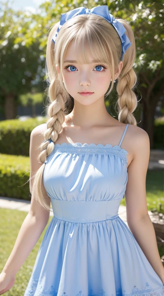 Twintails are sexy, so her face.., extemely cute and beautiful、shiny very beautiful skin、Beautiful disheveled bangs、Very beautiful and cute sexy bright sky blue eyes、very big eyes beautiful very long shiny silky blonde hair、18 years old petite, an extremely beautiful and cute girl、Gloss Face、Teak Gloss、White beautiful skin、Lolita dress, Short dress, Upper body shot,