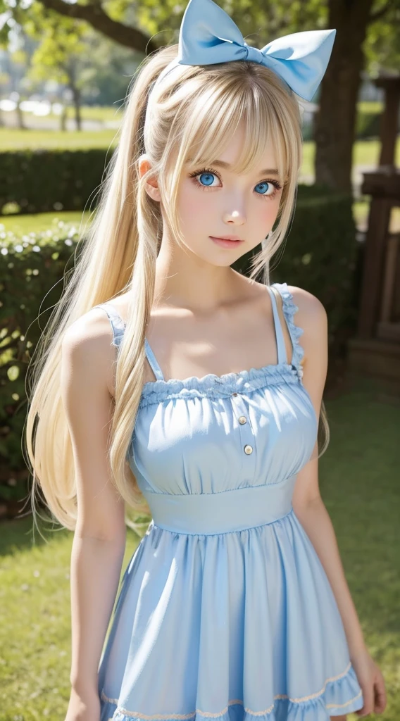 Very cute face、girl、Fluffy long hair、Natural Blonde Hair、Blue Eyes、Heart Pupil、Summer outfit、