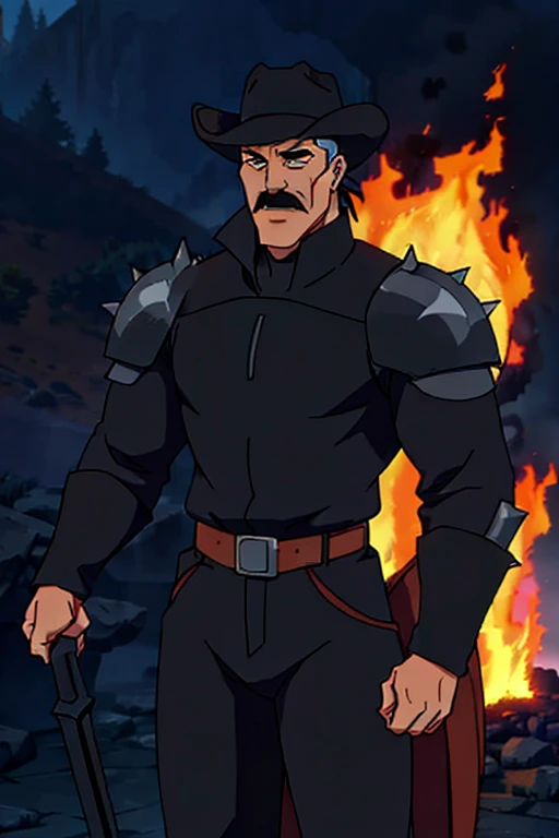 Male, spiky black hair, knights armor, mustache, dad body, fire sword, full body, high resolution, 4k, properly drawn face, cowboy hat.