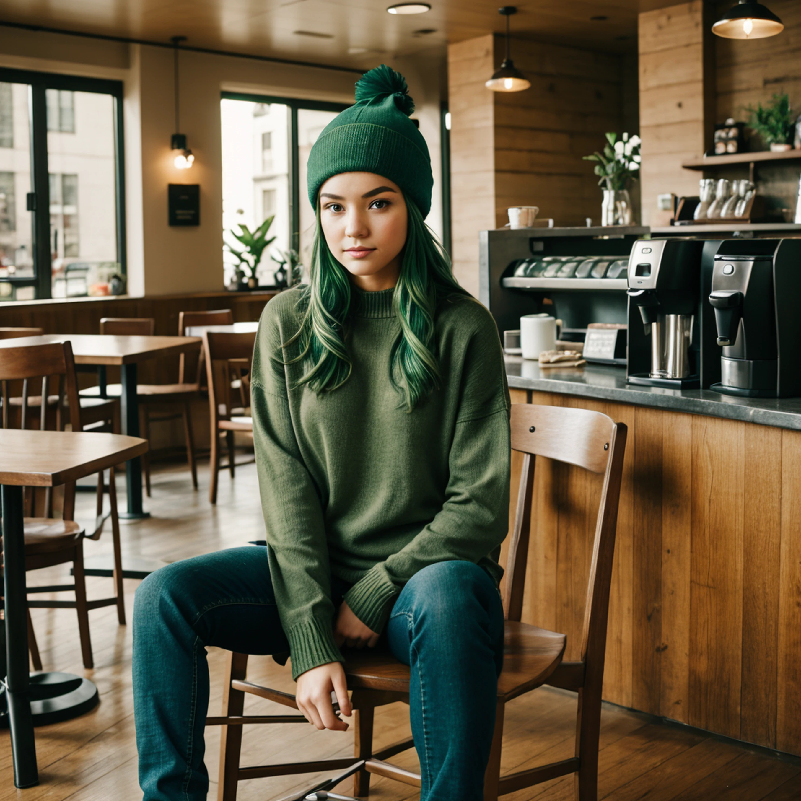 1girl, solo, Coffee shop, green hair, beanie, sweater, jeans, sitting on chair, dynamic pose, indoors,