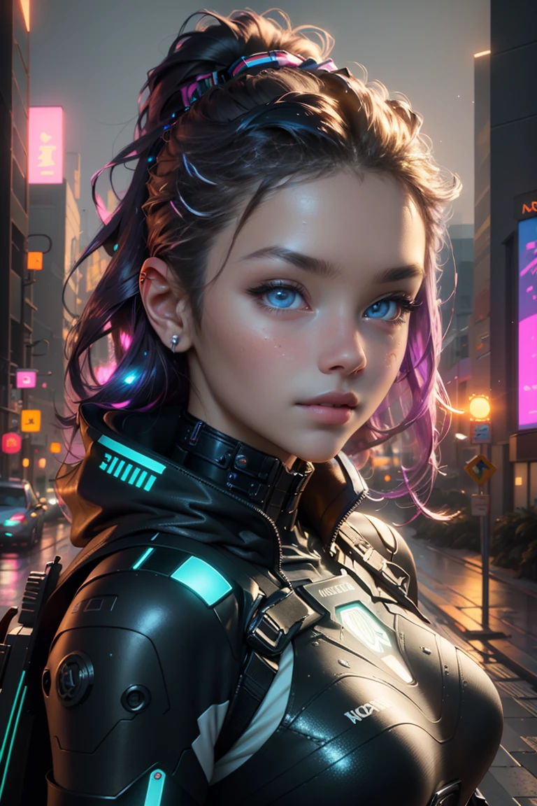 best quality,4k,8k,highres,masterpiece:1.2,ultra-detailed,realistic,photorealistic:1.37,portrait,unreal engine:1.4,CG ultra realistic 64K,photorealistic:1.4,skin texture:1.4,Beautiful Woman cyberpunk,vivid colors,futuristic,cyberpunk,glowing neon lights,metallic textures,transparent screens,holographic projections,dystopian cityscape,advanced technology,sleek and modern architecture,high-tech gadgets and implants,sophisticated fashion,electric blue and neon pink color scheme,shimmering reflections,blurred background,lens flare effect