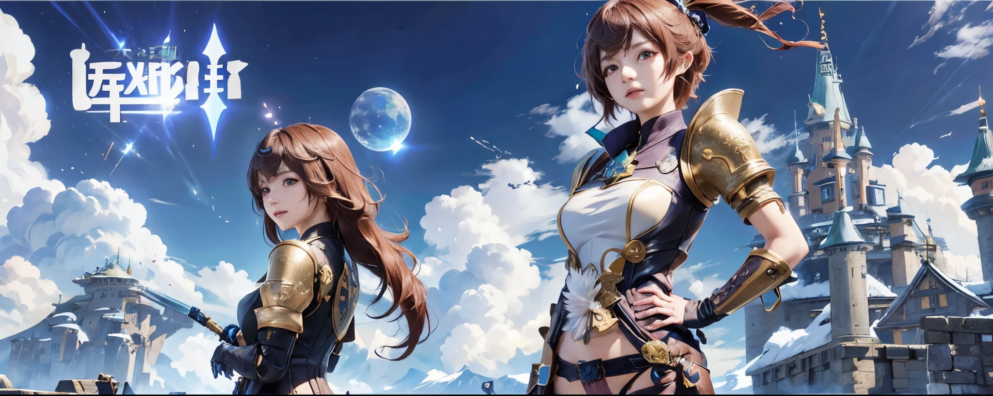 Anime character standing in front of the castle against the sky background, granblue fantasy, video game genshin impact, genshin impact, Ayaka Genshin impact, genshin impact, Genshin impact's character, ayaka game genshin impact, 《Azure route》人物, genshin impact style, Kushatkrenz Important Women in the Arts, offcial art, fireemblem