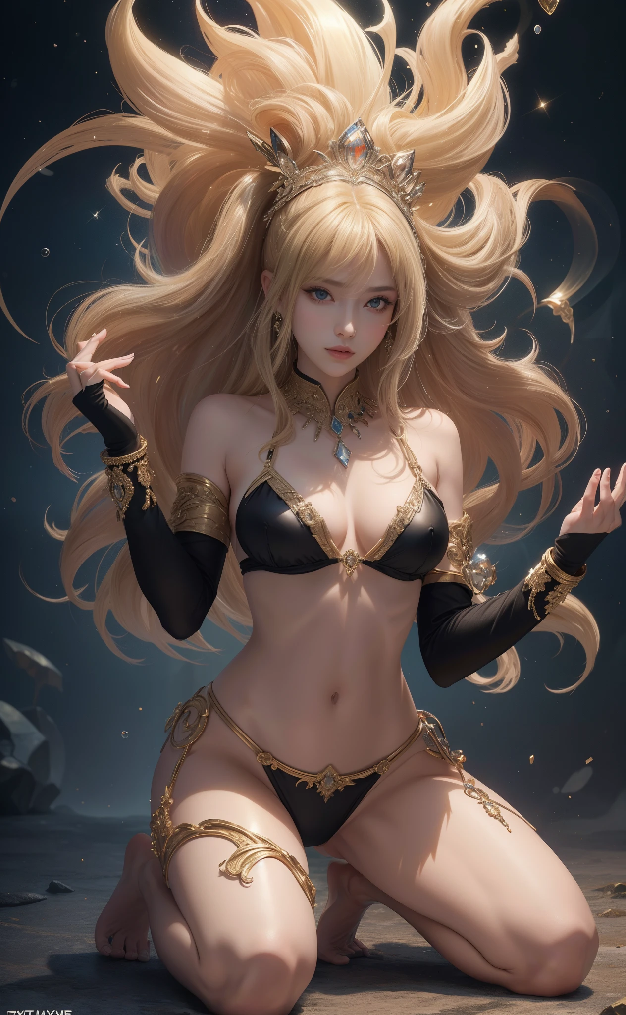 tmasterpiece,Highest image quality,Noble exotic dance and graceful kneeling posture,Sophisticated black and blonde hairstyle,A dazzling array of exquisite jewelry. A dazzling array of exquisite jewelry.,Exotic bikini dance wear,kneel,torture position,The barefoot,Barefoot,Ultra-detailed details,advanced。At the Pixiv Art Station,Break your own power,The kinky is exposed,R-18G