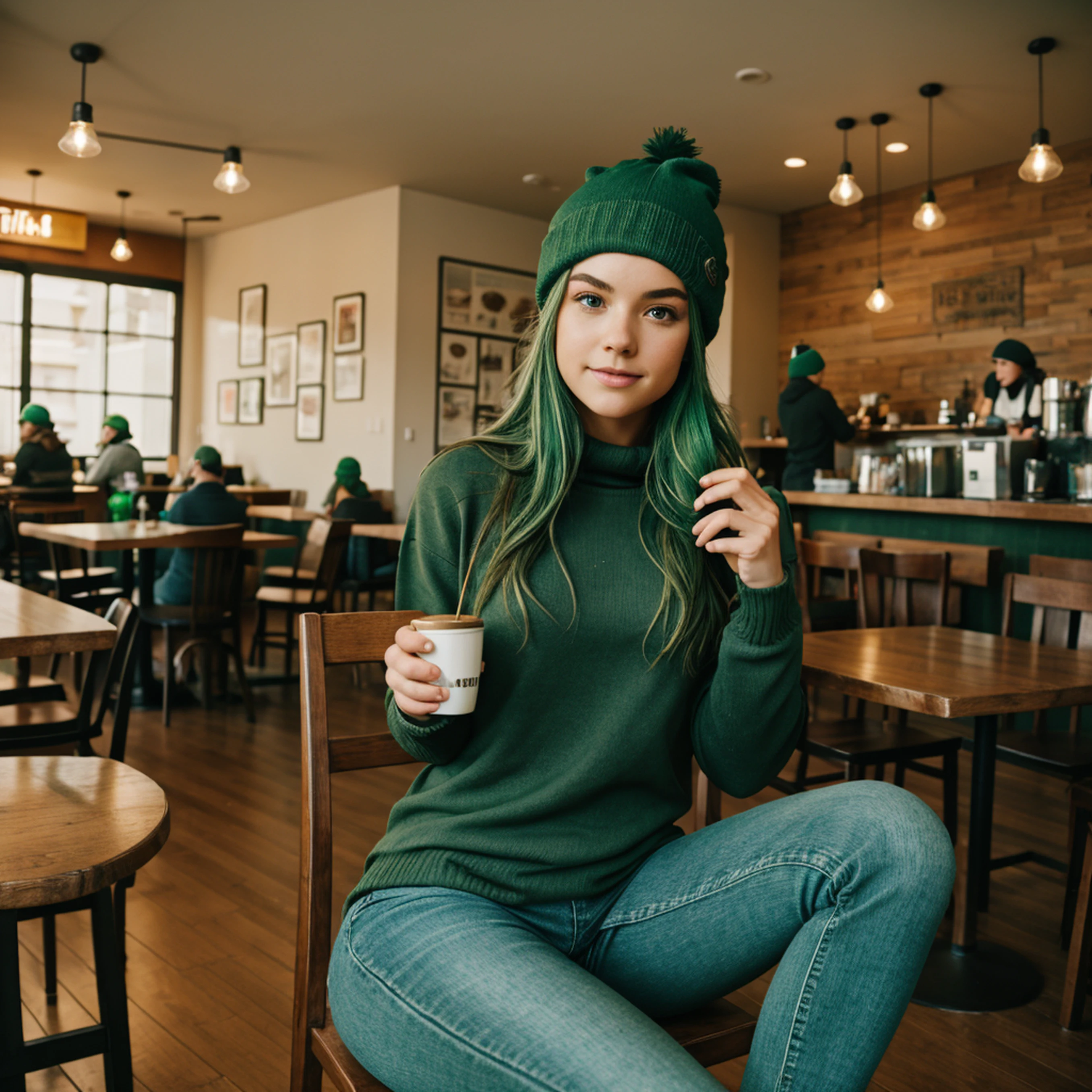 1girl, solo, Coffee shop, green hair, beanie, sweater, jeans, sitting on chair, dynamic pose, indoors,