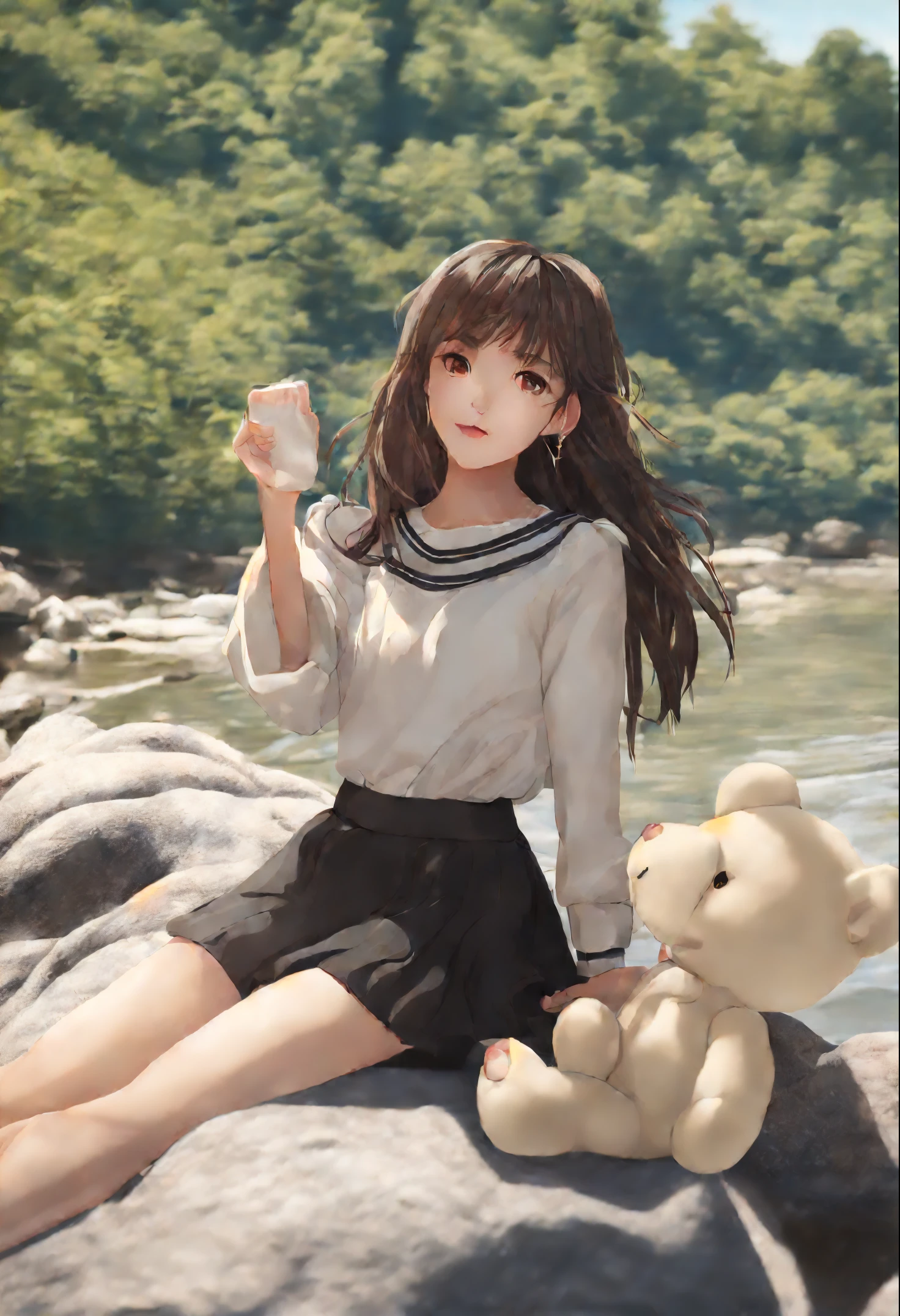 1 girl walking on the river, mix4, Sweaters, PILLOWS, Lips, Open_Mouth, Realistic, Photo_(Medium), Solo, plushies_animal, plushies_toy, teddy_a bear,(masutepiece),(Photorealistic:1.3), Ultra-detailed, (High detailed skin:1.2),(Best Quality:1.0), (超A high resolution:1.0), (ulzzang-6500:0.3), Wavy detailed hair, Long hair, Sunshine, (Beautiful detailed makeup), (sexually aroused blushing heavy breathing:1.0), Flower-themed petals strewn, (soft glow bloom:0.5)