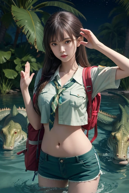 1girl, scout girl, pretty face, long stomach, helpless, begging face, pov hands,, hands tied up, in restraints, handcuffed, pulled by another, lifted by another, grabbing, pulling, pull up bra, open shorts without buttons , brown Scout uniform, white skin, navel tickled with fingers, hands raised, tied in tree, helpless, whole body, navel, in jungle, in water, in the water full of crocodiles, night, raped, carrying backpack