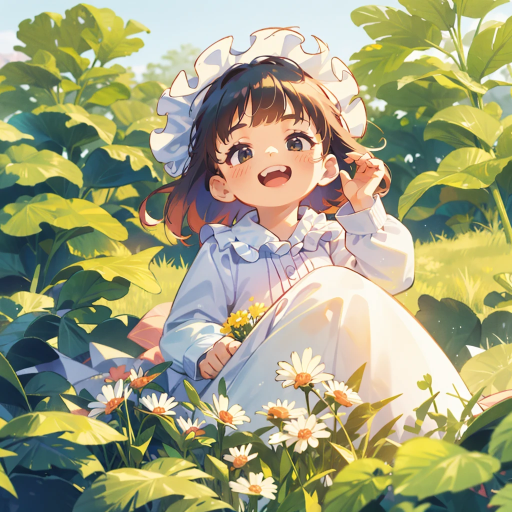 Best quality, masterpiece, UHD, a girl sitting on the grass, frilled collar, she has a cute face, 2 years cute and childish, laughing, showing teeth, squinting