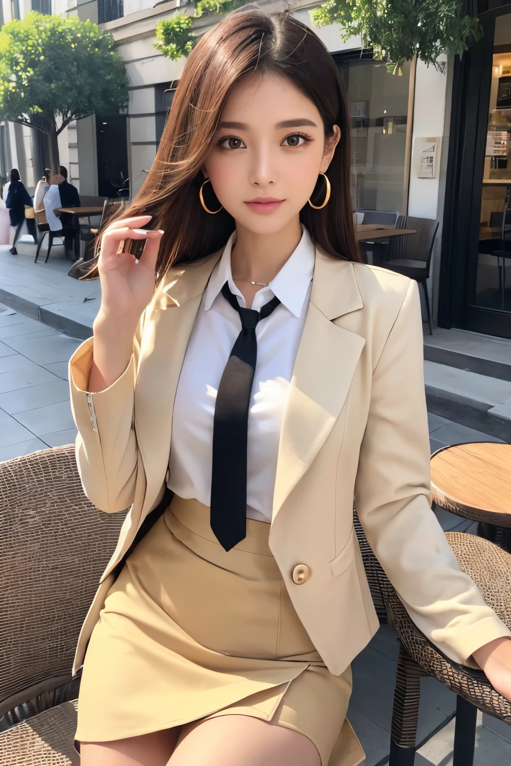 (Top resolution, Distinct_Image 1.2) 、(Beautiful girl with golden ratio face)、(very vivid eyes、earth eye 1.2)、great essentials, high detailing, Bob Hair、lipgloss、Very beautiful girl、 Solo, Beautiful girl like a model、(((Tie blouse、Beige jacket、Beige Blazer)))、(((Beige tight skirt))),(cafe terrace,Table seating,a chair)