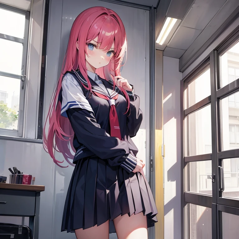 Hair loose, high school uniform, sulking