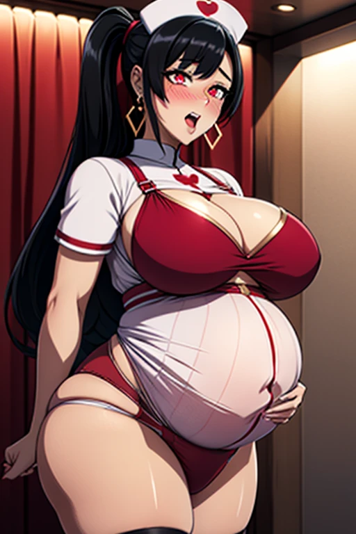 2 girl, kissing White nurse's uniform, red lingerie, Gold earrings, red pupils, looking at viewert, big breasts, huge pregnant, wide hips, slim waist,  Sling black silk, full bodyesbian, Black hair, Long hair, pony tails, Heart-shaped pupils,Best quality,  open mouth, tongue out,  blushing,