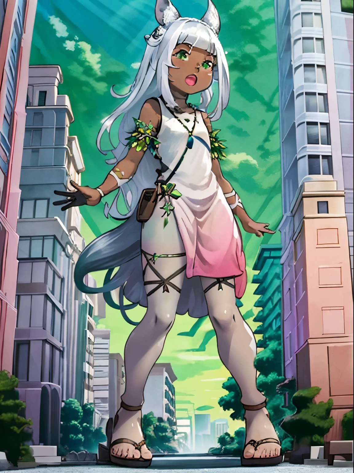 Ochette, dark skin, white hair, green eyes, giantess, huge, 70 ft tall, cute, full body, best quality, pink dress, metal bracelets, larger than buildings, flat ground, street, ground visible, black jeans, adorable, kind, gentle, empty hands, small build, slim, curious, detailed mouth, size difference, standing over skyscrapers, sandals, tiny city