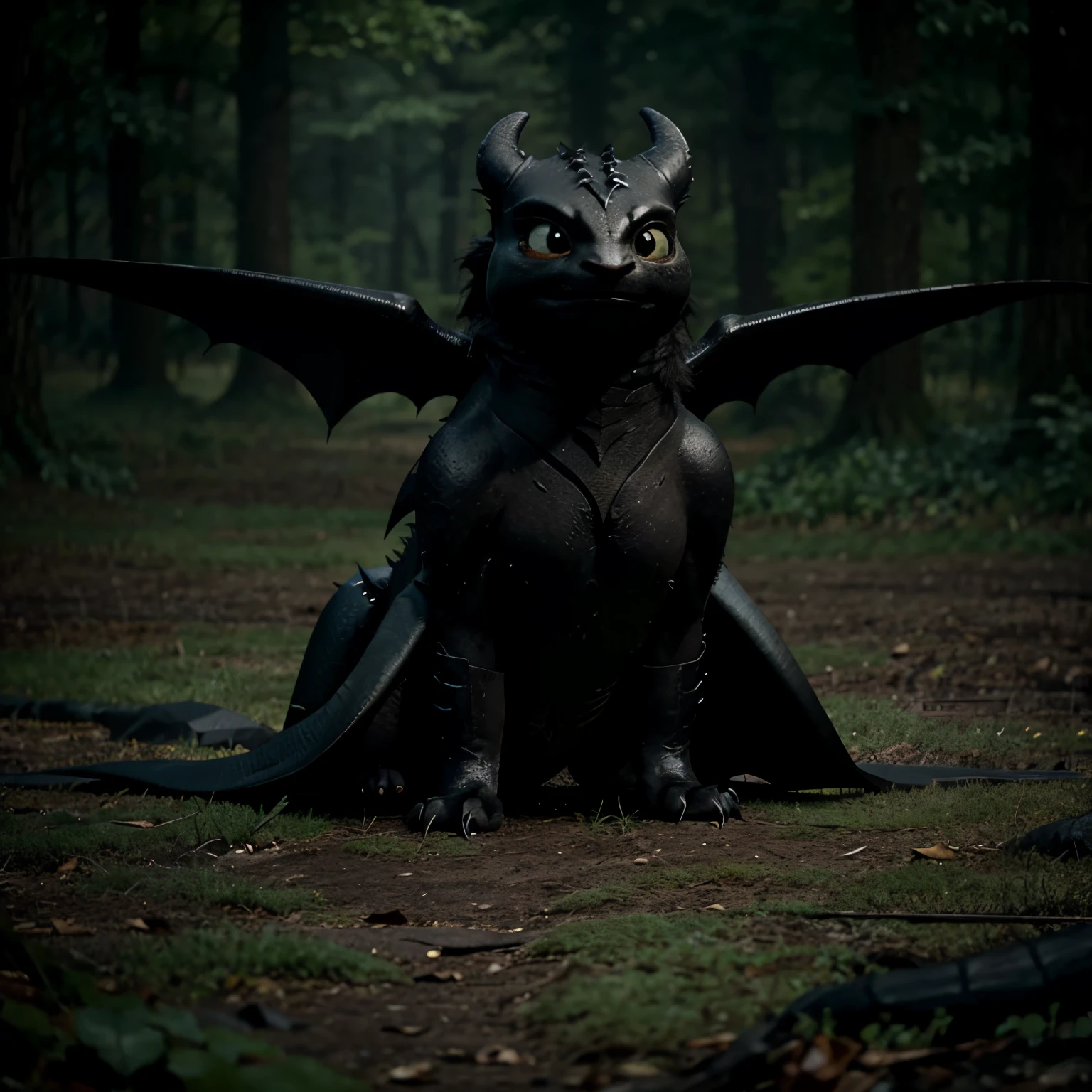 Toothless, feral, full body, detailed wings, detailed scales, anatomically correct wings, perfect shadows, 1girl, solo, looking at viewer, detailed face, ((realistic proportions, feral proportions, animal proportions)), relaxed, detailed claws, big tail, realistic tail, perspective, (detailed eyes), dildo in pussy, pussy squirting cum, Gaping pussy full of cum,