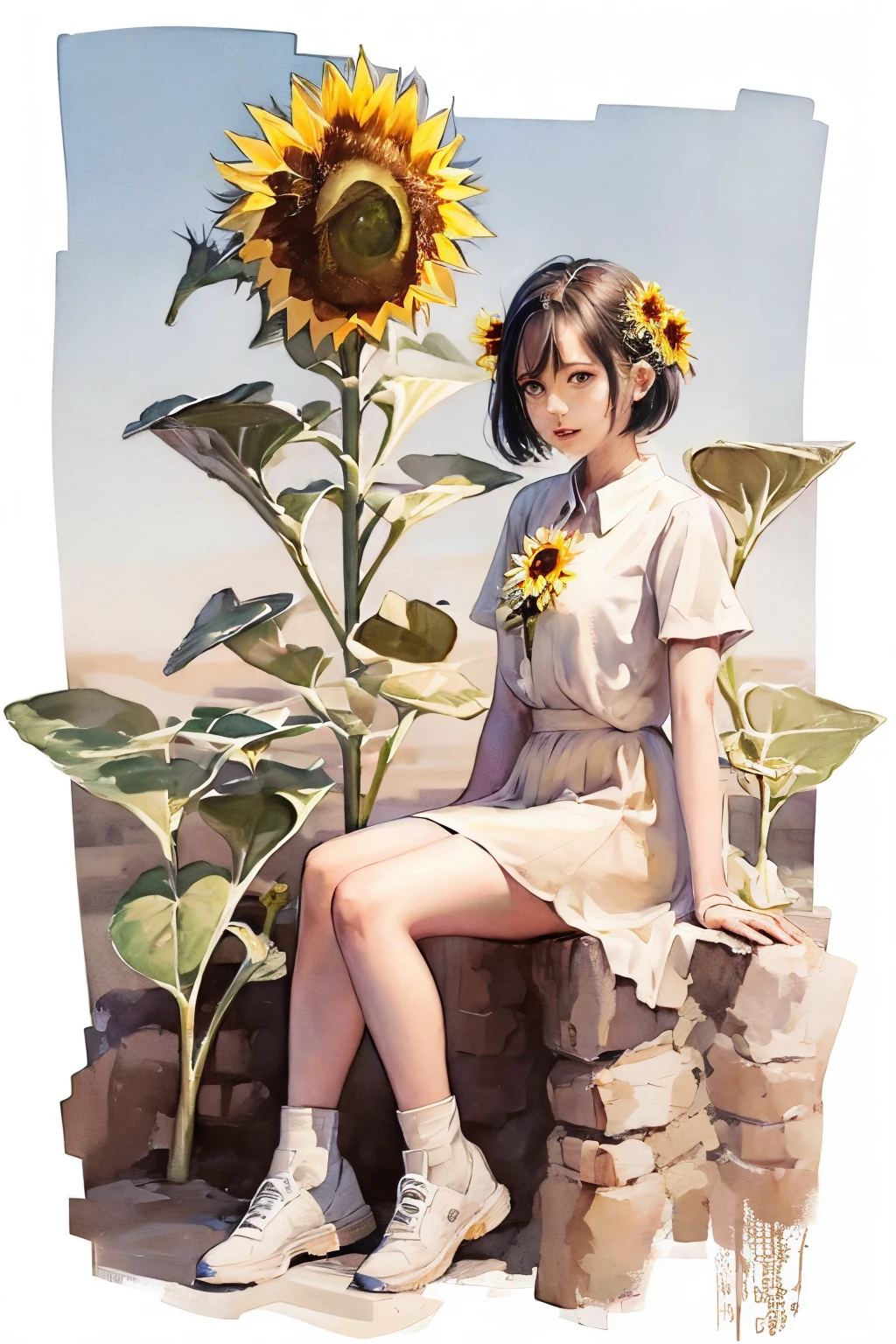 a beautiful woman, 29 years old, (sunflower:1.7), (beautiful face:1.4), (best quality), (masterpiece:1.1),(white background, full body), (colorful:0.2),(ink splashing),(color splashing),((watercolor)),colorwater,