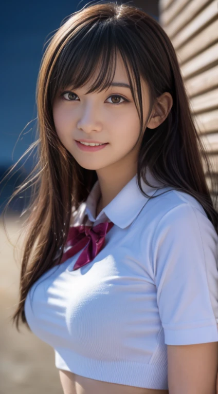 masutepiece, Best Quality, 8K, 14years, Raw photo, absurderes, award winning portrait, Smile, Solo, (Night:1.8), Idol face, loli face and big boobs, Delicate girl, Upper body, Digital SLR, Looking at Viewer, Candid, Sophisticated,Thin arms, Professional Lighting, Film grain, chromatic abberation, (Eyes and faces with detailed:1.0), (Bokeh:1.1) , (School uniform:1.1) , crass room, highschool, closes mouth , A dark-haired , drooing eyes , large full breasts , Plump lips