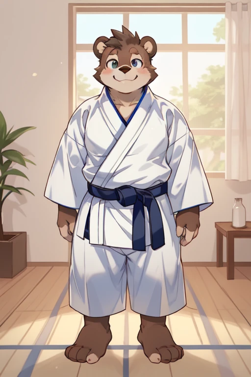((1boy_only, tanuki_boy, solo)), (chubby:1.2, stocky:1.2), ((white judo gi)), ((dougi)), barefoot, ((long pantara:1.2), (shota:0.25), buzz_cut, full body shot, ((cool, cute, awesome)), (fingerless gloveront_view), (chubby_face:0.8)