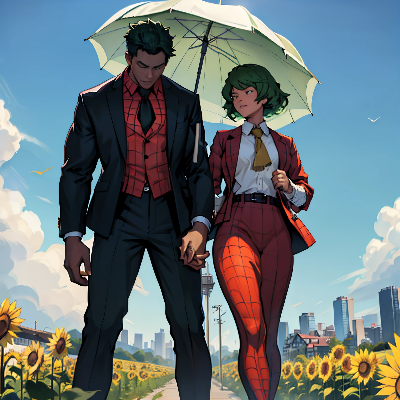 A green haired girl with an umbrella and a Black boy with black knappy hair in a Spiderman suit, together in a field of sunflowers