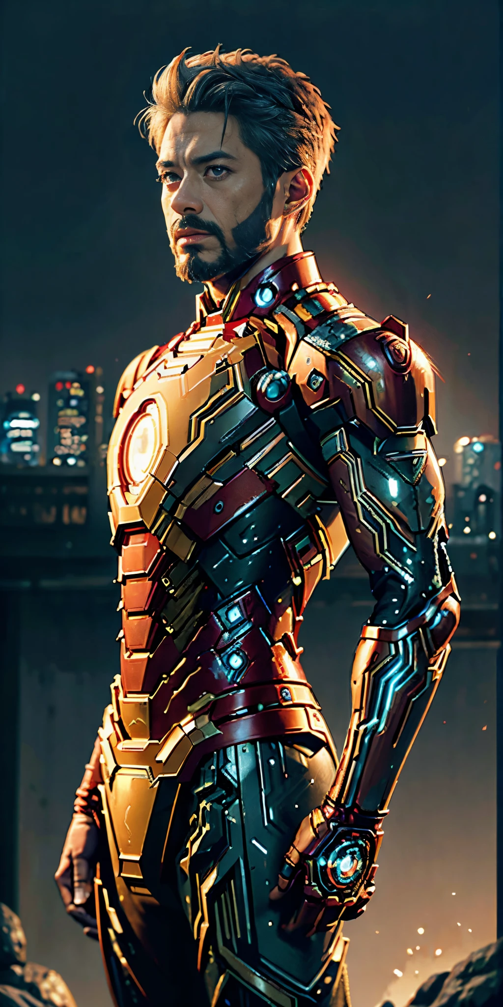 primitive，tmasterpiece，ultra fine photoest qualtiy，超高分辨率，Photoreality，rays of sunshine，full-body portraitiddle-aged uncle，Amazingly handsome，Gray hair，dynamicposes，delicated face，Iron Man's beard，Vibrant eyes，（seen from the side），He wears an Iron Man mech，Red-gold color scheme，Punk empire background，detailed face with，Detailed and complex busy background，Highly detailed skin，Realistic details of skin，Visible Pore，tack sharp focus，8K  UHD，digital SLR camera，high qulity，filmgrain，photo-realism，DL，In the future Punk Empire City