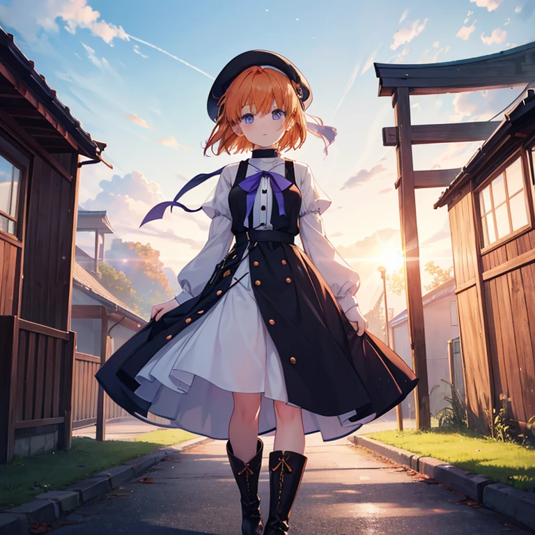 1girl in,Best Quality,Ultra-detailed,Beautiful fece,Orange hair,higurashi,Ryugurena,turtle neck,White beret,Blue eyes,slit,Black socks,Brown boots,White dress,long skirt,Purple ribbon around the neck,short head hair,waterface,The sun is shining