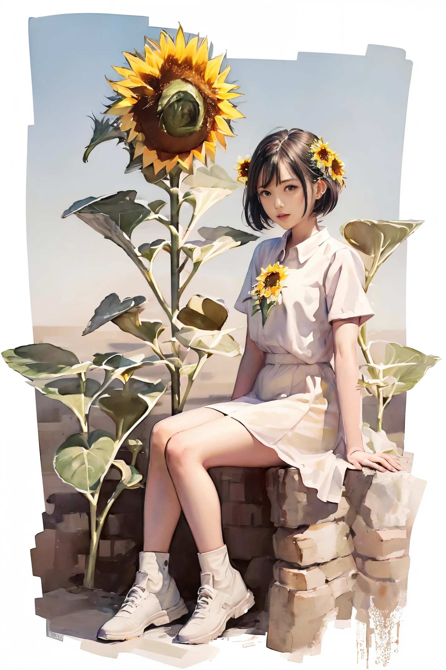 a beautiful woman, 29 years old, (sunflower:1.7), (beautiful face:1.4), (best quality), (masterpiece:1.1),(white background, full body), (colorful:0.2),(ink splashing),(color splashing),((watercolor)),colorwater,