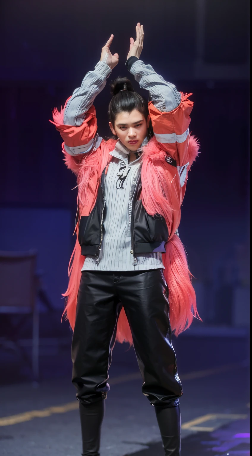 man, black hair in pigtails, white shirt with black jacket covered with pink fur jacket