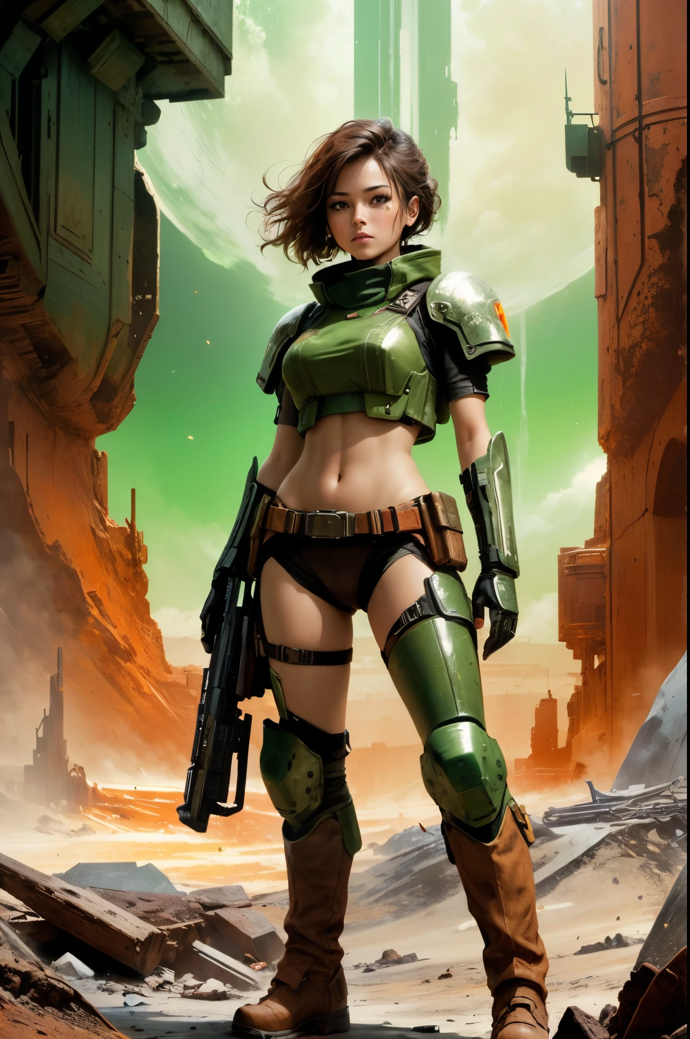 a dust covered Woman's last stand back up against the wall on a rusty distopian planet, red and rust colored structures, post apocoyps of a long dead advanced alien world war, wearying torn durty spacey uniform of leather browns tans and green military tan trecking boots, holding a large suffisticated looking worn futuristic space rifle also a small matching pistol and worn servival pack 64k resolution sci-fi dystopian world art style hyperdetailed impressionistic design,science fiction,more detail XL