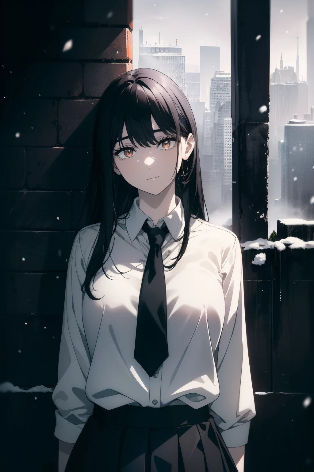 ((((Obra maestra, La mejor calidad, ultrahigh resolution)))), 1girl, standing, school uniform, white office shirt, black pleated skirt, (((black hair, dark black hair over eye:1))), long hair cut, pale skin, ((brown eyes)), glowing_eyes, neon eyes, (ultra detailed eyes:0.7, beautiful and detailed face, detailed eyes:0.9), ((centered)), smile, ((wide shot)), facing viewer, eye level, ((vibrant background, snowy landscape, cityscape, snowing, snow)), flat chested, looking at viewer, ((half closed eyes)), ((perfect hands)), (((head:1, arms, hips, elbows, in view))), ((hands behind back)), empty eyes, beautiful lighting, outside, outdoors, background, defined subject, 25 years old, (head tilt)