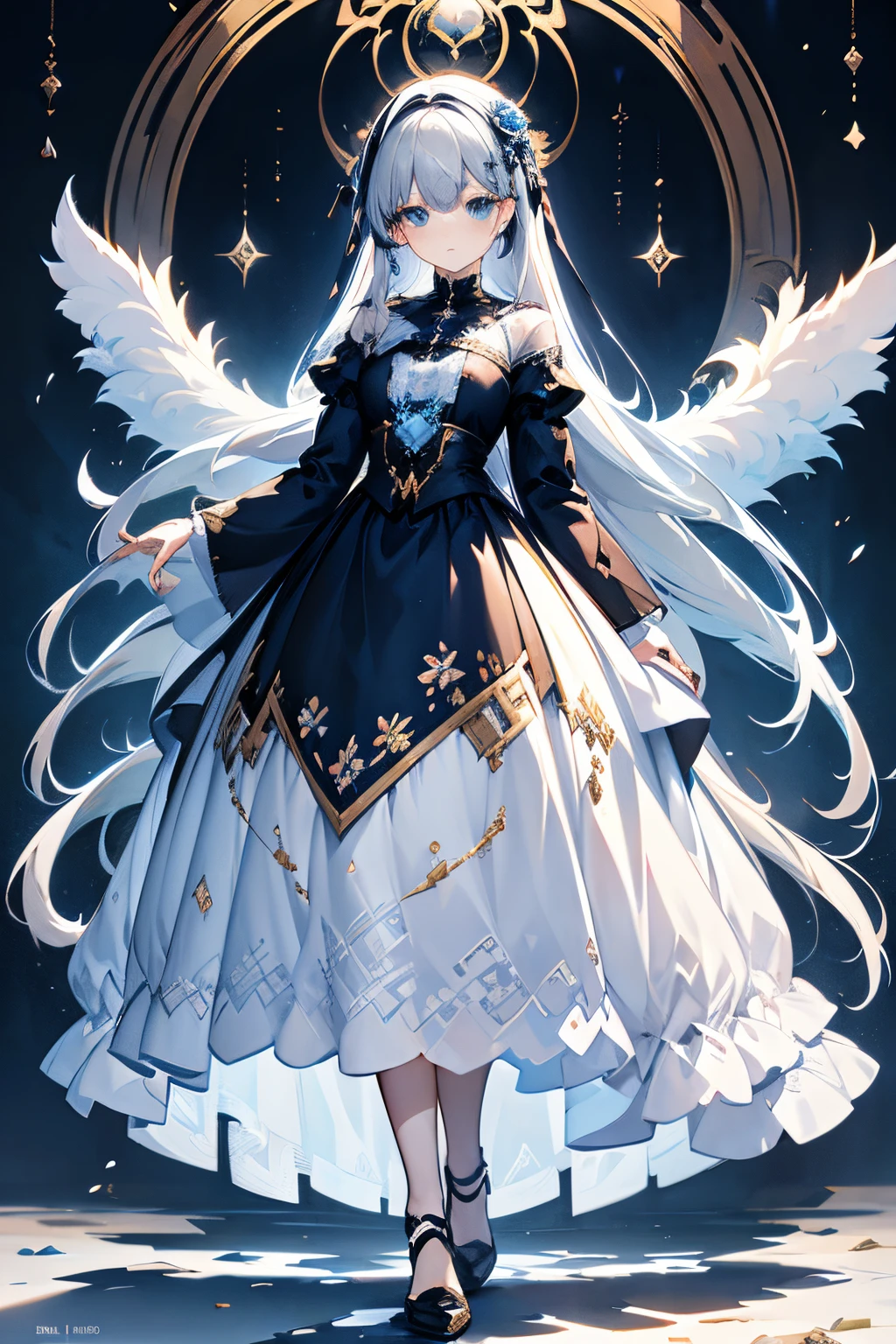 Long grey hair,blue color eyes,Snowflower,Snowflake pattern,multilayer lolita skirt,full body Esbian,full body standing painting