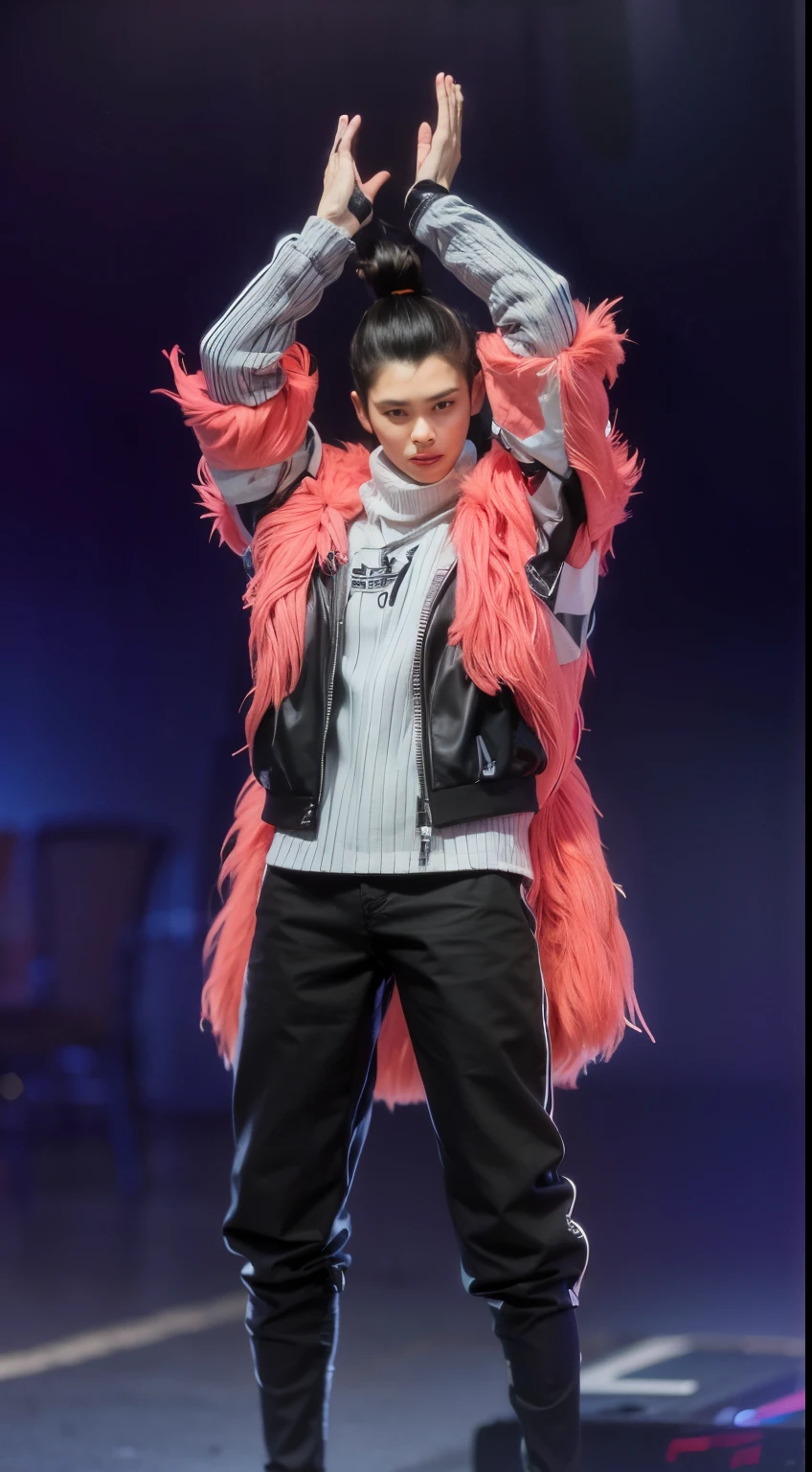 man, black hair in pigtails, white shirt with black jacket covered with pink fur jacket