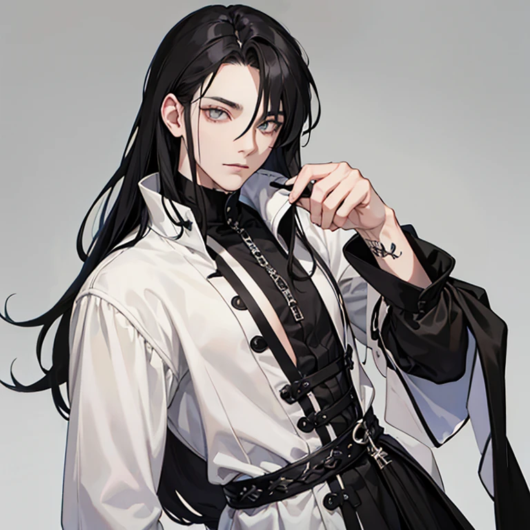 Male, goth, (half-white half-black) hair, long fluffy hair, (lidded eyes) (grey eyes), neutral expression, goth clothing, casual clothing,
