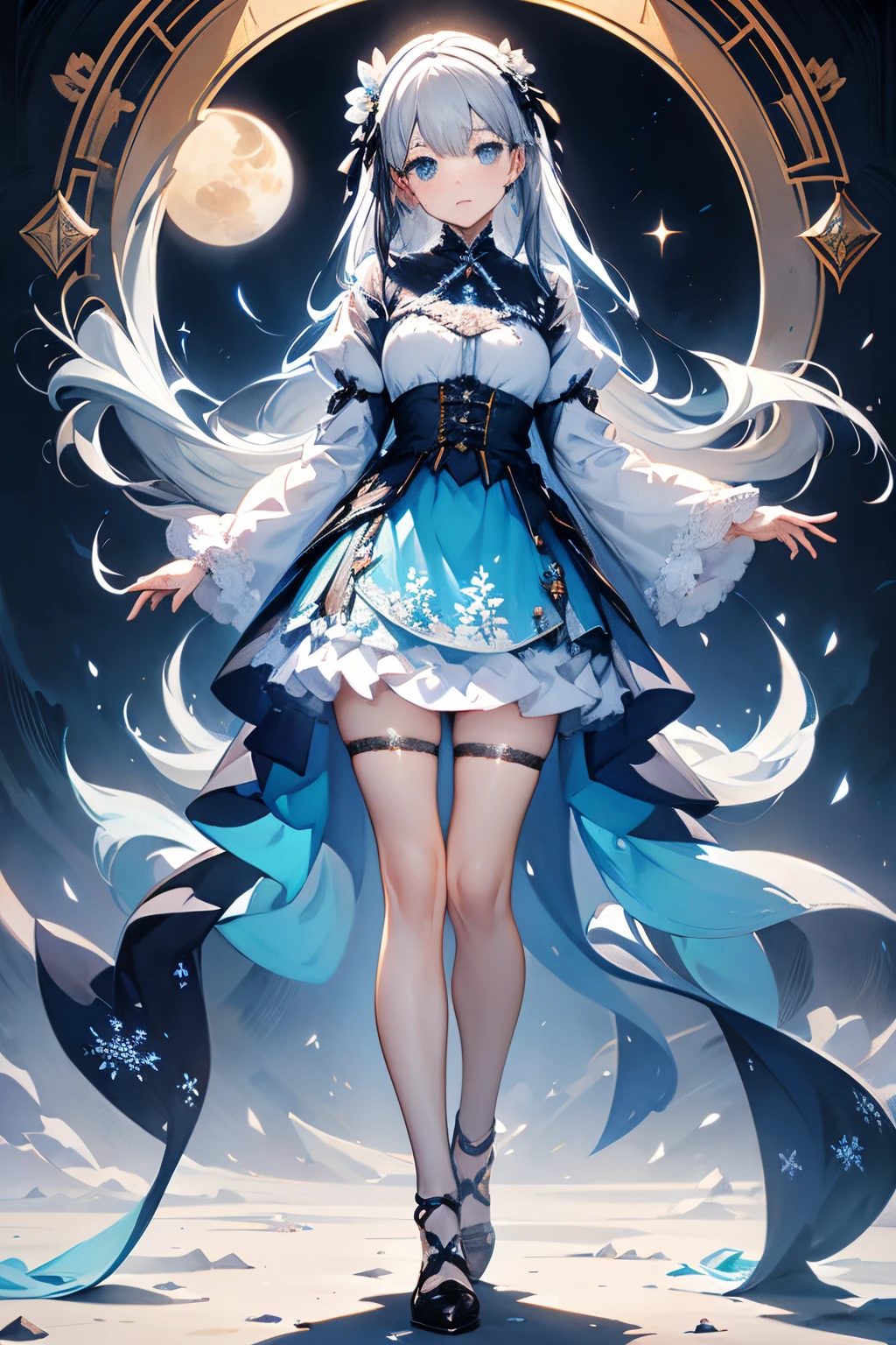 Long grey hair,blue color eyes,Snowflower,Snowflake pattern,multilayer ta skirt,full body Esbian,full body standing painting
