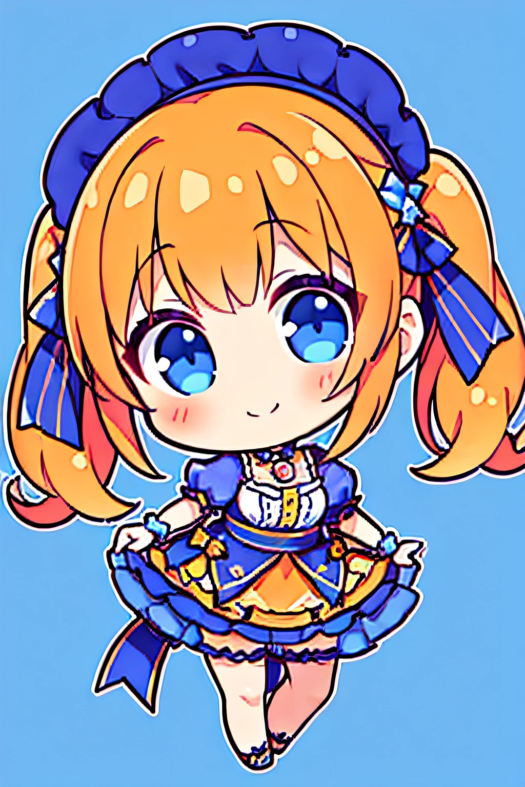 (1 girl in idol dress、costume dress、short skirt) {short pigtails hair、orange hairs、blue eyes}、{{petite figure、young face}}、{blushing on cheek、smiling}、(masterpiece、8k quality、sfw、detailed eyes)、hair ornaments、(chibi)