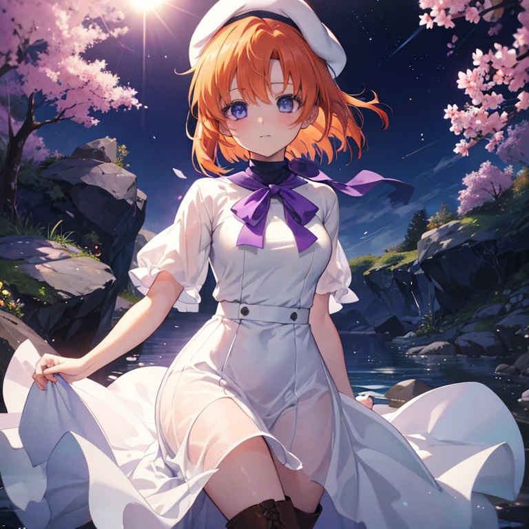 1girl in,Best Quality,Ultra-detailed,Beautiful fece,Orange hair,higurashi,Lugrena,turtle neck,White beret,short sleeve blue eyes,slit,Brown boots,white dres,long skirt,Purple ribbon around the neck,short head hair,waterface,The sun is shining