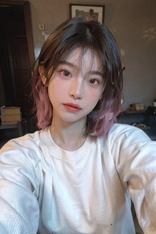 8K,Best quality, masterpiece, ultra high res, (photorealistic:1.4), raw photo, (Authentic skin texture:1.3), (film grain:1.3), (selfie angle),1girl, white sweater, pink hair, beautiful detailed eyes and face,masterpiece, best quality,close-up,upper bod,