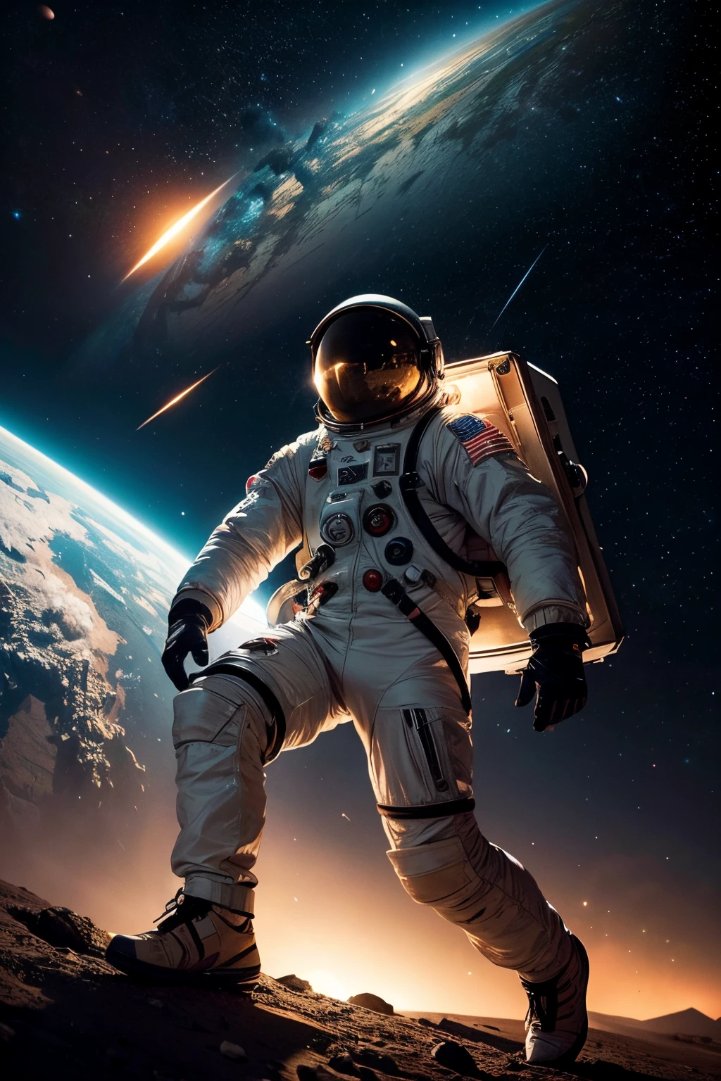 The astronaut's suit glimmers in the light of the distant stars, their body weightless as they approach the massive meteor. The scene is a perfect blend of science fiction and retro comic book art, a visual feast for the eyes.