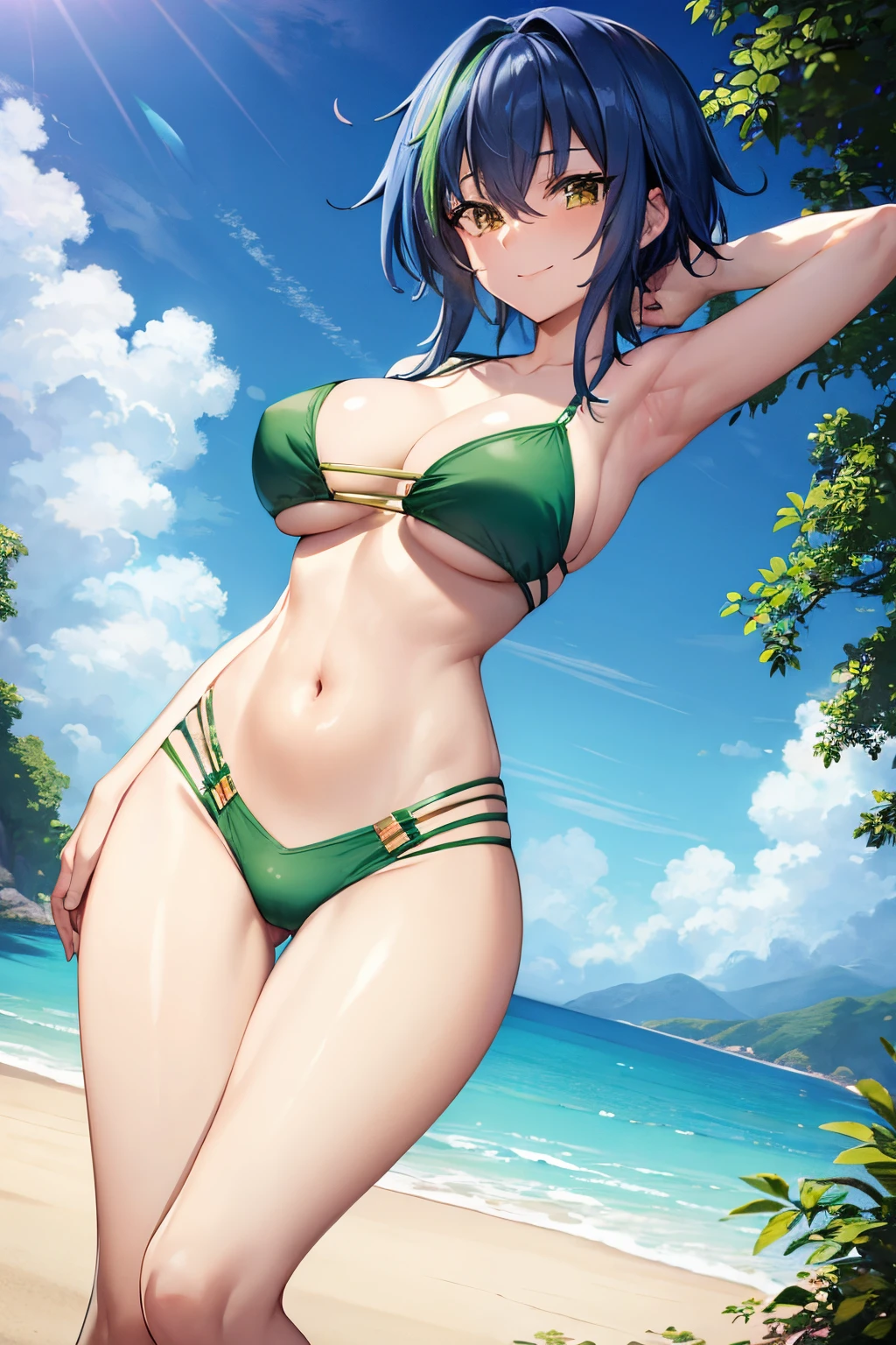 masterpiece, best quality, best aesthetic, anime, ultra detailed,
xenovia quarta, 1girl, (blue,green hair, yellow eyes:1.1025), (wide hips:1.1025), (large breasts:1.1025), (midriff:1.1025), (navel:1.1025), xenovia_bikini, (green bikini, multi-strapped bikini :1.2), long legs, cowboy shot, looking at viewer, (smile, closed mouth:1.2), front view, arms at sides, outdoors, beach, sunlight,